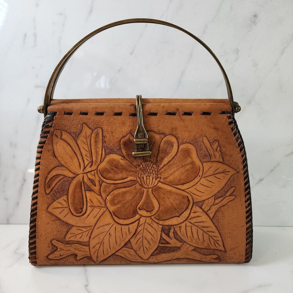 Vintage Tooled Leather Floral Handbag Artisan Western Purse